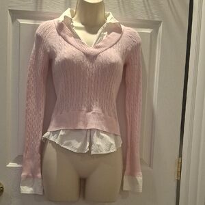 Pink Cable Knit V-Neck Sweater